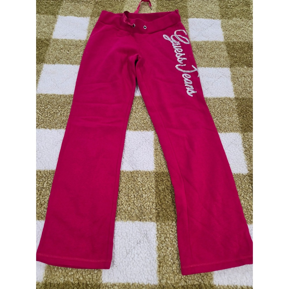Guess Jeans Pink Rhinestone Logo Sweatpants Y2K Fleece Joggers Straight Leg